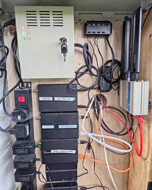 Inside the cabinet: Kiloview MG300 v2 streaming boxes, a mobile router with aerials and the power supplies
