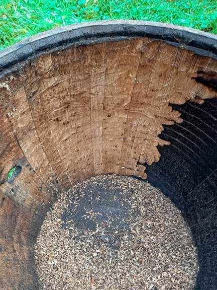 Inside an oak whisky barrel with half of the charring removed